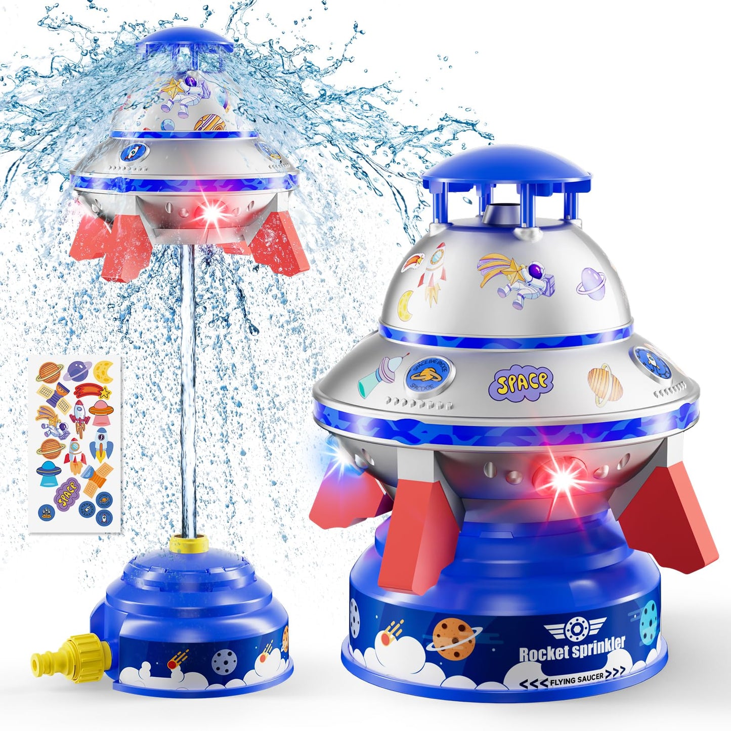 JOI MEW UFO Water Sprinkler for Kids, Water Rocket Toy Outdoor Summer Play W/Light & Spin, Adjustable Height Water Launcher, DIY Space Sticker, Backyard Lawn Gift for Girls Boys 3-12 Year Old Blue