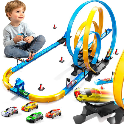 LILYBUDS Toy Car Race Track Set for Boys Kids Age 3-5 4-7, Race Tracks with 4 High-Speed Pull Back Race Cars and Crash Zones, Christmas Halloween Birthdays Gifts Toys for Boys Kids 4-6 8-12 Years Old