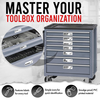 Magnetic Tool Labels for Toolbox – 80 Piece Heavy Duty Drawer & Tool Chest Labels (White), Large Magnetic Toolbox Labels for Steel Drawers, Toolbox Organization Magnets for Garage Storage