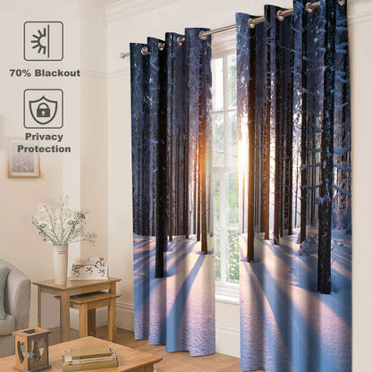 Jekeno Winter Snowy Forest Blackout Curtains Trees Woodland Sunset Landscape in Cold Weather Nature Scenery Decor for Bedroom Living Room Grommet Window Drapes 2 Panel Set, 52"x63"