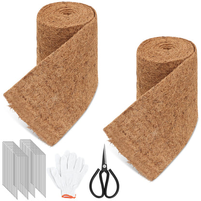 Timgle 2 Pcs 120" x 6.3" Natural Coconut Fiber Liner Mulch Roll, Coir Liner Garden Weed Barrier Mat with 30 U-Shaped Steel Stakes for Landscaping, Garden Edging Border, Planters, Vegetables & Flowers