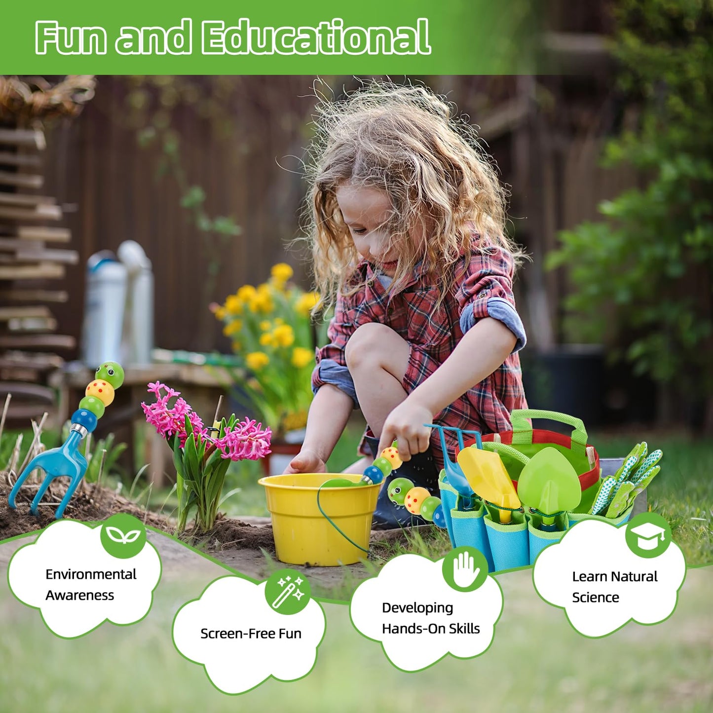 FITNATE Green Kids Garden Tools Set,6 PCS Gardening Tools for Kids Including Watering Can, Shovel, Rake, Fork, Children Gardening Gloves and Garden Tote Bag, All in One Set