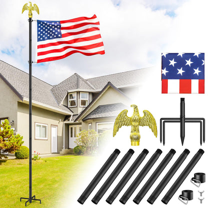 Flag Pole for Outside House, Outdoor Black Heavy Duty 10 FT Flag Pole Kit, for Residential or Commerical, Tangle Free Flagpole (Include American 3 X 5 Flag, 5 Pronges Base, Eagle Shaped Head)