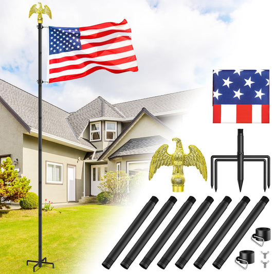 Flag Pole for Outside House, Outdoor Black Heavy Duty 10 FT Flag Pole Kit, for Residential or Commerical, Tangle Free Flagpole (Include American 3 X 5 Flag, 5 Pronges Base, Eagle Shaped Head)