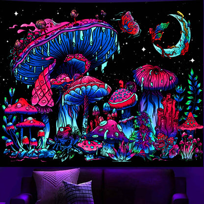 TUGCAY Blacklight Mushroom Tapestry, Glow In The Dark Tapestry Black Light Plant Fantasy UV Reactive Mushroom Butterfly Moon Tapestries Posters Wall Hanging for Bedroom Dorm Decor(50"x60")