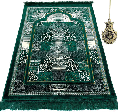 Modefa Prayer Mat | Turkish Velvet Muslim Prayer Rug Muslim Prayer Mat Islam | Soft Beautiful Prayer Rug Janamaz Sajjadah with Car Hanger | Classic Elegant Swirl (Green)