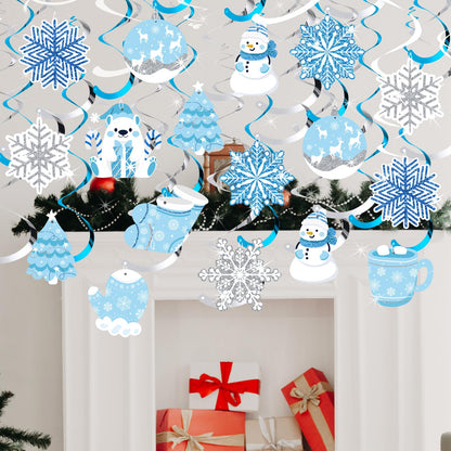 30Pcs Winter Wonderland Party Decorations Winter-Themed Hanging Swirls Snowflake Snowman Ceiling Hanging Streamers Ornaments for Xmas Wonderland Frozen New Year Birthday Party Supplies