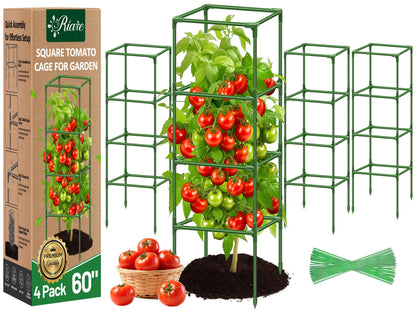 Riare 4 Pack Square Tomato Cages for Garden Plant Support- Up to 60 Inch Tomato Cage Garden Stakes Tomato Trellis for Potted Plants Raised Garden Bed Climbing Vegetables Flowers Outdoor Indoor