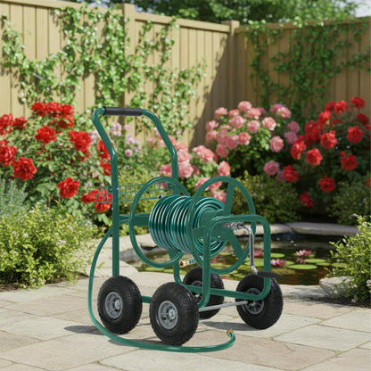 FDW Garden Hose Reel Cart, Water Hose Cart with 4 Wheels, Hold Up to 300 ft of 5/8’’ Hose，Heavy Duty Powder-Coated Steel Planting with Storage Basket, for Garden, Yard and Lawn