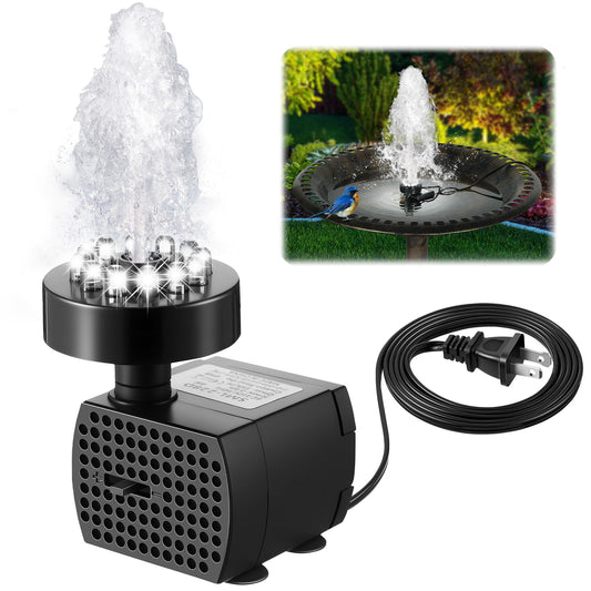 Dunkive Bird Bath Fountains with 12 LED Lights, 24 Hour Working Fountain Pump with Light, Adjustable Watering Submersible Pump for Outdoor Water Garden, Pond(Cool White)