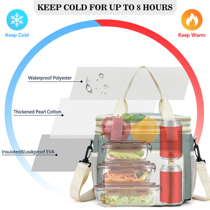 Lunch Box & Lunch Bag for Women Men, Expandable Large Insulated Adult Lunch Bag with Strap, Double Deck Leakproof Lunchbox Durable Cooler Bags for Work Picnic Beach,16L, Olive Green & White
