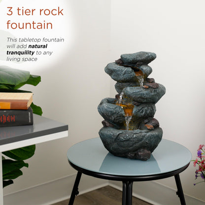 Alpine Corporation TZL418 14" 3 Tier Rock Fountain with LED Lights, Elegant Cascading Water Feature for Tabletop, Indoor Decor, Relaxing Stone Waterfall for Home & Office, Gray