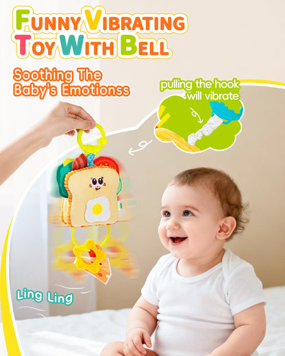 Jollybaby Baby Pull Vibration Toy - Tummy Time Sensory Hanging Toys for Car Seat, Stroller, Crib & Play Gym, with Babies Rattles & Teether, Airplane Travel Toys for Toddlers Gift - Donut