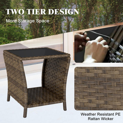 Elepude Outdoor Wicker Side Table Rattan Side Tables End Table for Patio with Glass Top Rattan Storage for Patio Garden Balcony