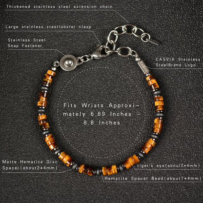 Casvia Tiger's Glow Men's Tiger Eye Chakra Bracelet, Handcrafted Hematite, Thickened Steel Wire, Adjustable Dual Clasp 6.9-8.8 Inch Gift for Men Dad Boyfriend