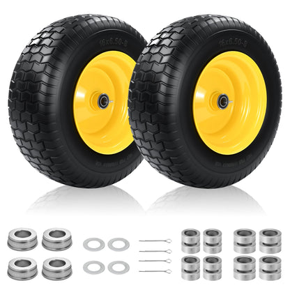2 PCS 16x6.50-8 Flat Free Riding Lawn Mower Tire and Wheel with 1" Bushing, 3/4"Bearing，3"Offset Hub,Fit for Lawn Mowers and Garden Tractor, Solid Mower Wheel for Residential and Commercial 500 Lbs