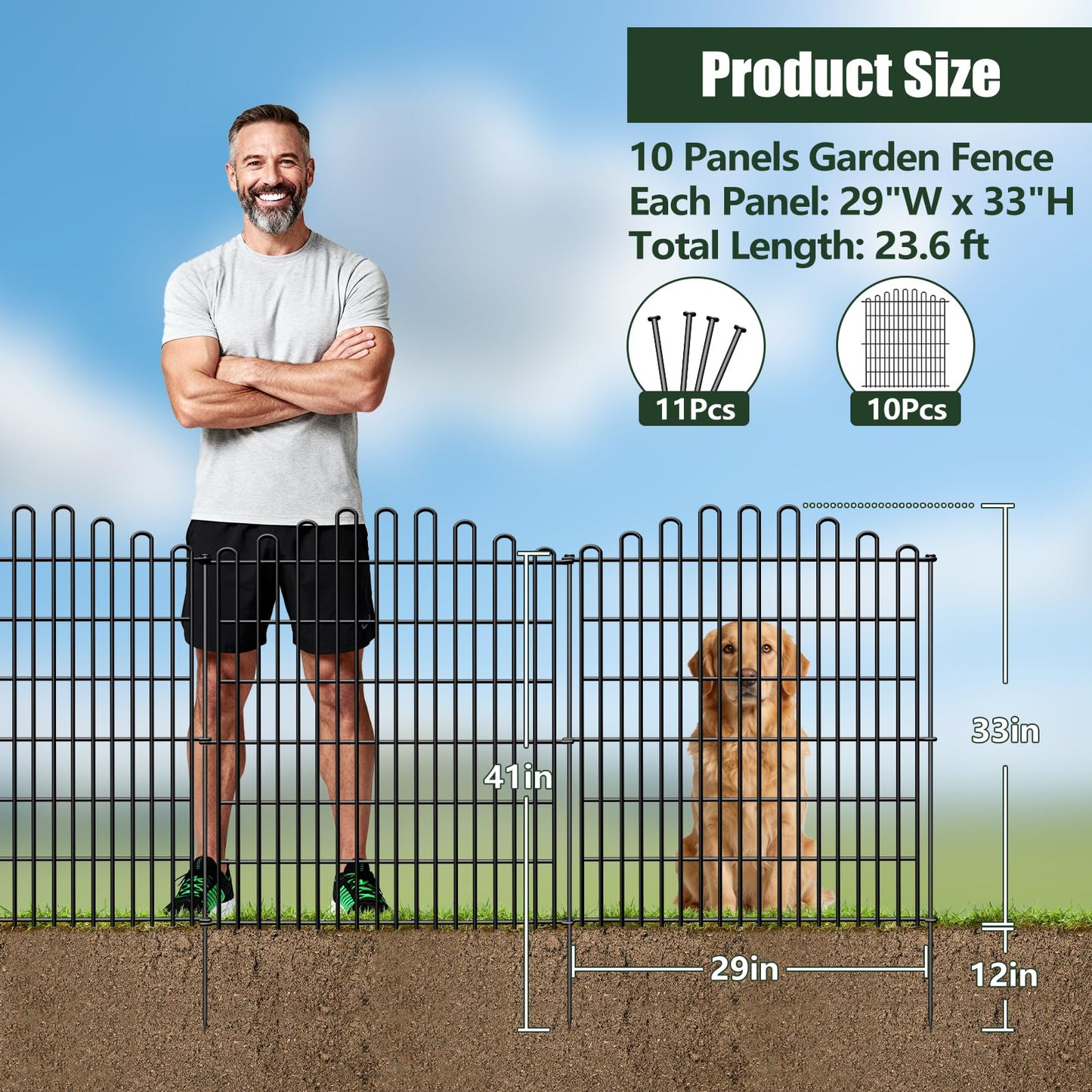 10 Panels No Dig Decorative Garden Fence, 33in H x 23.6ft L Animal Barrier Fencing, Rustproof Dog Fence Outdoor for Yard, Metal Wire Panel Border, Classic Arched-Top Panels for Patio, Flower Bed