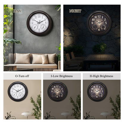 NESIFEE 18 Inch Illuminated Indoor Outdoor Clock Waterproof with Thermometer Hygrometer Smart Sensor Large Black Metal Wall Clocks Battery Operated for Patio, Garden, Living Room, Bedroom, Pool, Porch