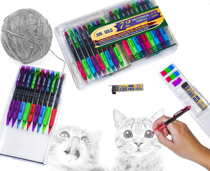 June Gold 72 Mechanical Pencils, 0.9 mm HB #2 Lead, 2 Dispensers/w 160 Graphite Refills & 16 Refill Erasers, Break Resistant Lead, Convenient Side Click & Soft Non-Slip Grip