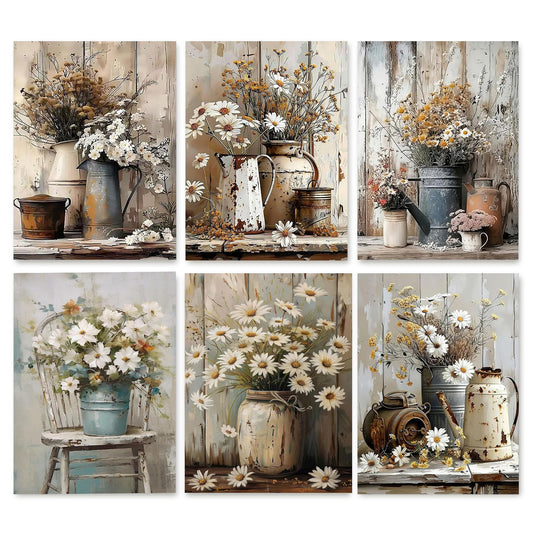 Diamond Art Kits for Adults Beginner 6 Pack Rustic Farmhouse Daisy Painting Diamond Painting Kits 5D Diamond Dots Gem Art Crafts with Tools Round Full Drill Funny Crafts for Home Wall Decor 12x16inch