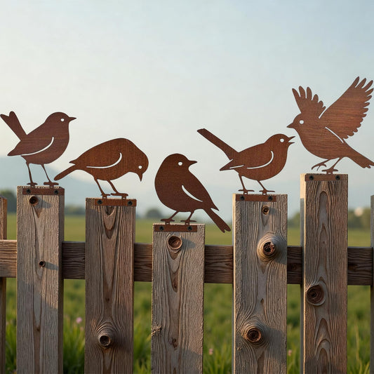 Yet Feng 5PCS Rusty Metal Birds Decor, Metal Bird Silhouette Art, Rustic Outdoor Fence Decor, Garden Yard Art Ornaments, Vintage Metal Bird Sculptures for Patio, Tree, Wall, Farmhouse