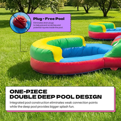 POP JUMP 16'x15'x12' Rainbow Castle Inflatable Bounce House with Dual Water Slide & Pool, 100% PVC Vinyl, Commercial Reinforced, Basketball Hoop, Front Entrance for Easy Supervision, Includes Blower
