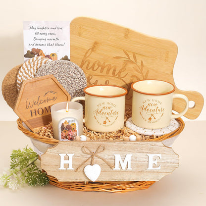 House Warming Gifts New Home,New Home Gifts Ideas,Housewarming Gift,Closing Gift for Home Buyers,House Warming Basket with Mugs Cutting Board Candle