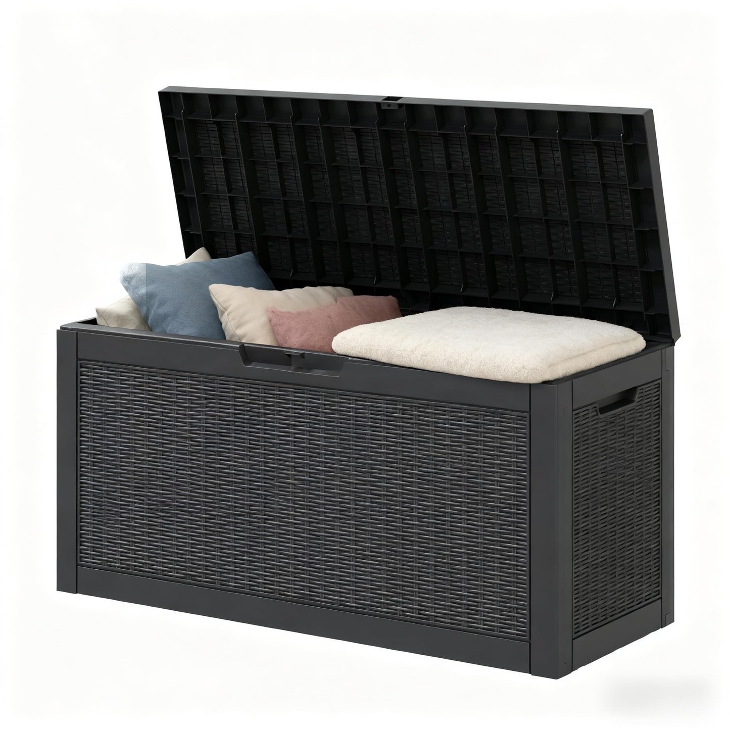 WTFGO 72 Gallon Outdoor Storage Box, Resin Deck Boxes Outdoor Waterproof For Patio Furniture, Garden Tools, Pool Supplies, Lockable And UV Resistant (Rattan Black)