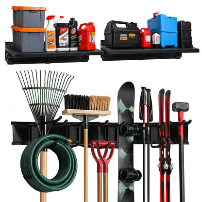 TIDYME Heavy-Duty Garage Wall Storage System | Wall Mounted Tool Organizer Rack with Shelving | 10-Piece Mounting Kit | Includes 4x10” Double-Layered Hooks & 2x16.5” Floating Utility Shelves