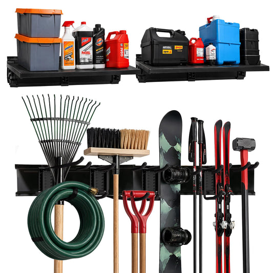 TIDYME Heavy-Duty Garage Wall Storage System | Wall Mounted Tool Organizer Rack with Shelving | 10-Piece Mounting Kit | Includes 4x10” Double-Layered Hooks & 2x16.5” Floating Utility Shelves