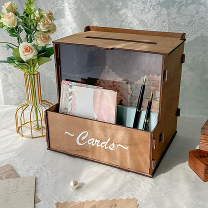 OurWarm Brown Wedding Card Box with Flower Trough & Acrylic Board, Wooden Wedding Card Boxes for Reception, Money Gift Box for Honeymoon, Graduation, Baby Showers, Birthday Party Decorations