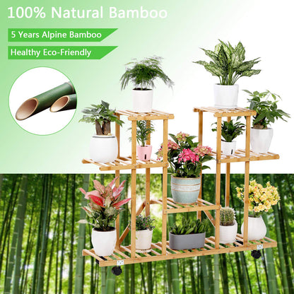 Bamboo Plant Stand Rack with Wheels 4 Tier Indoor&Outdoor Rolling Plant Flower Pots Holder Shelf Planter Display Shelving Unit for Patio Garden, Living Room, Corner Balcony and Bedroom (13 Flowerpots)