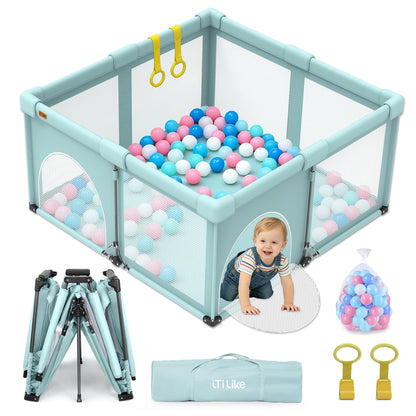 Foldable Baby Playpen 50x50inch, iTiLike Playpen for Babies and Toddlers with 50 PCS Ocean Balls & 2 Handles, Indoor & Outdoor Kids Safety Play Pen Area, Portable Travel Play Yard,Mint Green