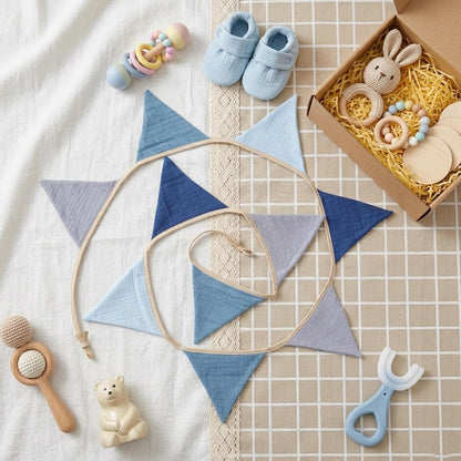 Fabric Bunting Banner, 2 Pack Handmade Neutral String Banner Each 8.5 ft 10 Flags Nursery Wall Hanging Wedding Birthday Home Baby Shower Party Decoration Bunting (Blue)