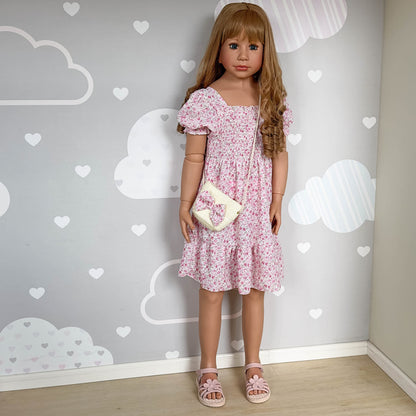 Pinky Reborn 47inch 120cm Reborn Toddler Doll,Huge Baby Full Body Hard Vinyl Smile Girls Real Child Realistic Newborn Toddler Dolls Girl Dress Model Brown Hair Girl Collectible Floral Dress (Pink)