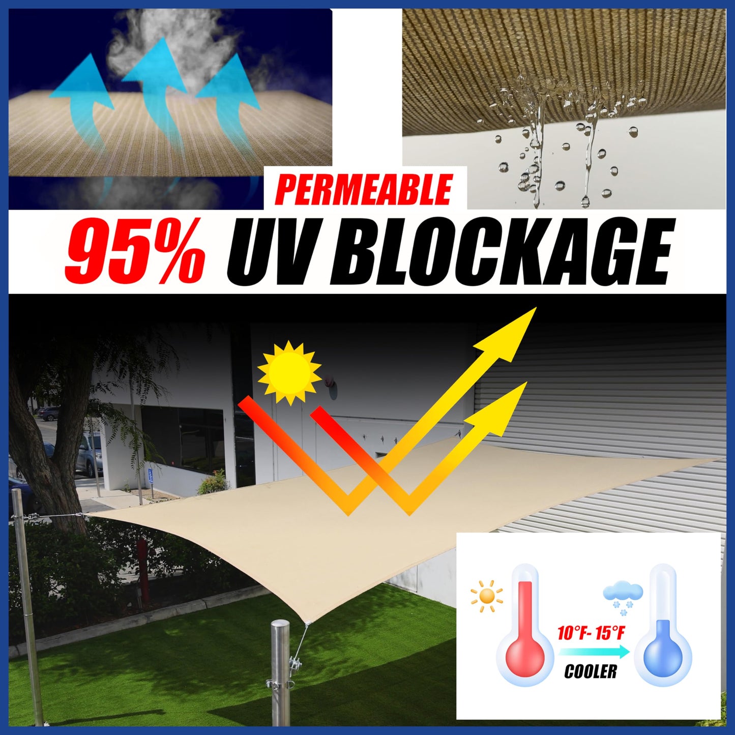ShadeMart 12' x 20' Beige Sun Shade Sail Rectangle Canopy Fabric Cloth Screen, Water and Air Permeable & UV Resistant, Heavy Duty, Carport Patio Outdoor - (We Customize Size) SMSL