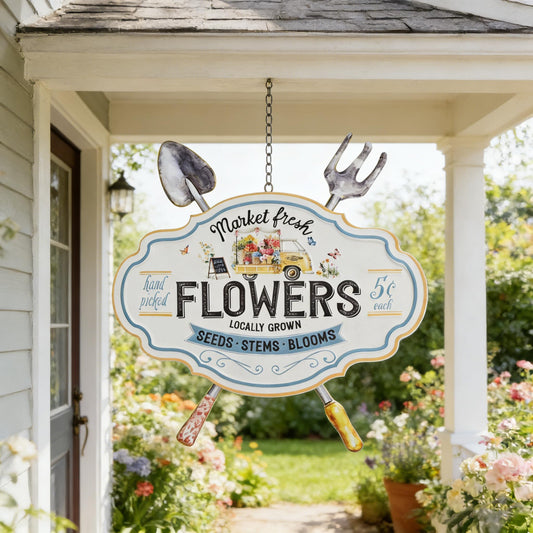 Vintage Metal Garden Sign with Shovel & Fork Decor "Market Fresh Flowers" Rustic Farmhouse Wall Decor for Outdoor Garden Patio Yard 17.5"L (Flower)
