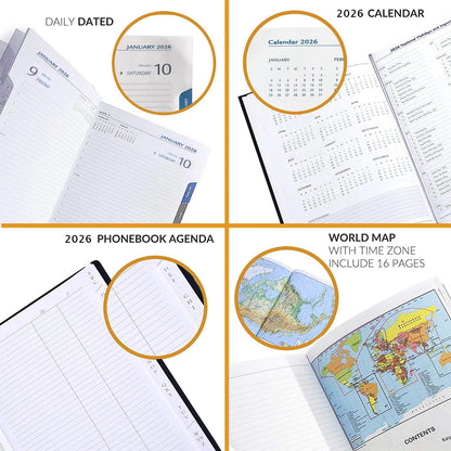 Leather Executive Daily Planner 2026 – A5-Compatible (8.3 x 5.9 in), One Page per Day Hourly Business Agenda, 416 Pages, Monthly Tabs, Hardcover – Made in Italy (BLACK 2026)