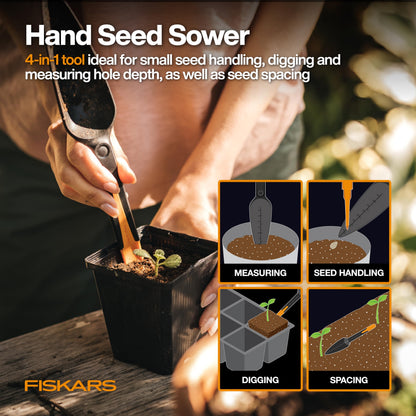 Fiskars Vegetable Gardening Essentials 6-Piece Tool Set for Cultivating, Serrated Stainless Steel Shears & 4-in-1 Seed Sower for Planting, Rust-Resistant Steel Trowel, Cultivator, Weeder, L/XL Gloves