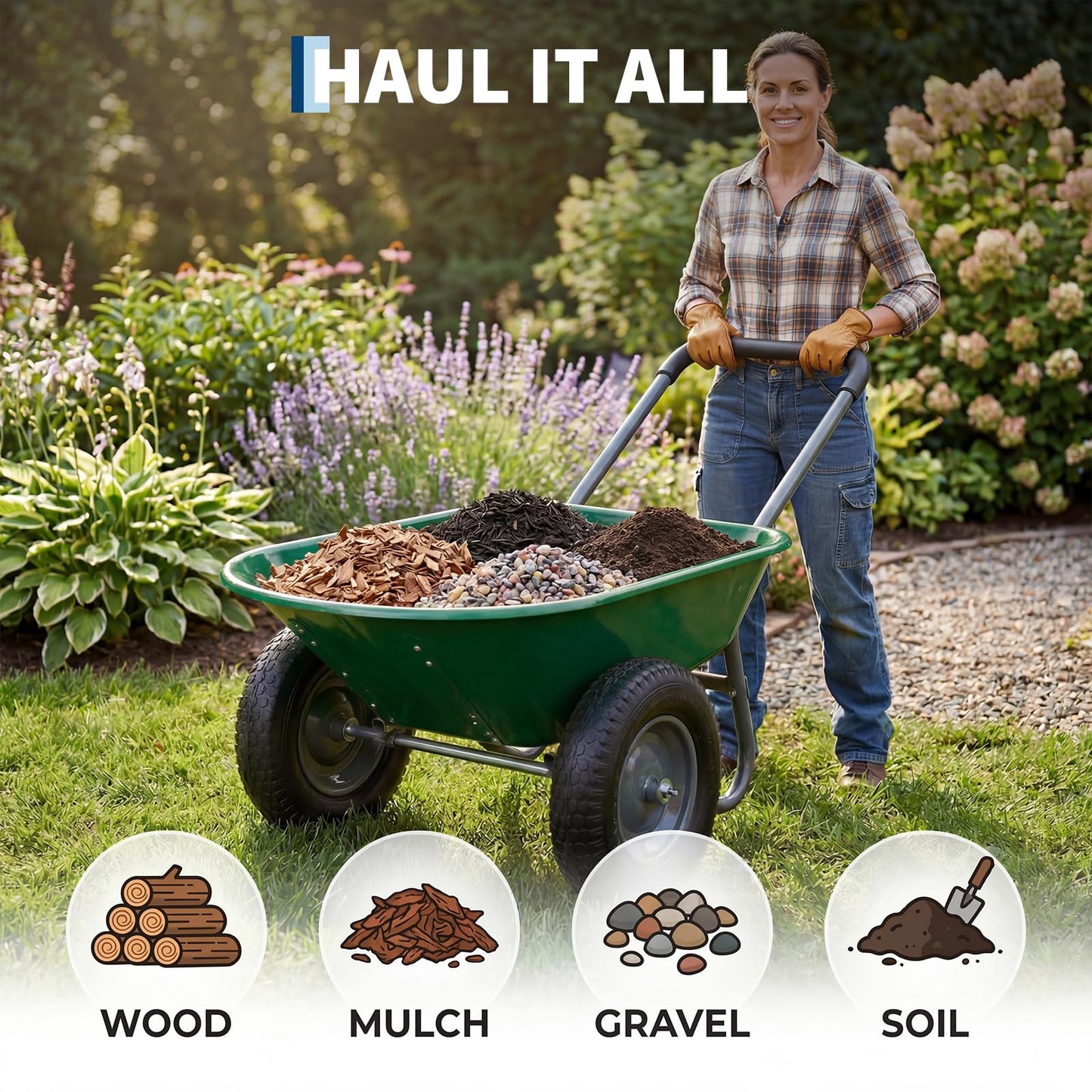 Garden Wheelbarrow Cart, Heavy Duty Utility Cart with Dual Wheels and Built-in Stand, Iron and Plastic Yard Cart for Home, Lawn and Garden