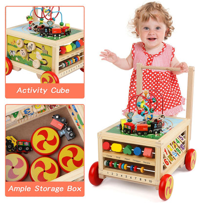 Wooden Activity Cube 7-in-1 Montessori Toys for 1+ Year Old Boys Girls Educational Learning Toys for Toddlers Age 1-2 One Year Old First Birthday Gift Bead Maze Magnetic Trains Track Shape Sorter