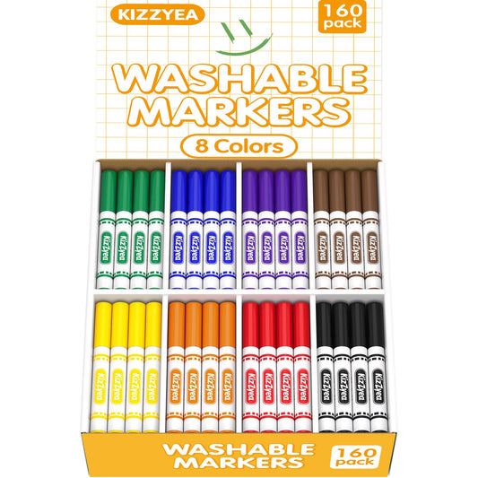 KIZZYEA Washable Markers Bulk, Markers for Kids, 8 Assorted Colors, 160 Count, Broad Line Marker for School, Student Art Supplies & Back to School Crafts, Classroom Essentials for Teachers