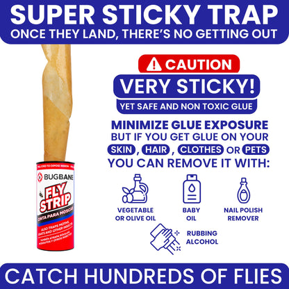 Fly Strips Indoor Sticky Hanging 48pk with Pins. Non Toxic Outdoor Fly Trap Indoor for Home. Flies Tape Paper Trap Ribbon Roll for House Gnat Fruit and Housefly. Bug Catchers for Inside Home Flypaper.