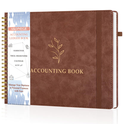 AKONEGE Accounting Ledger Book for Personal & Small Business Bookkeeping, Horizontal Income and Expense Tracker Notebook with Calendar, Hardcover Columnar Log Journal 10.78'' x 8'', Brown