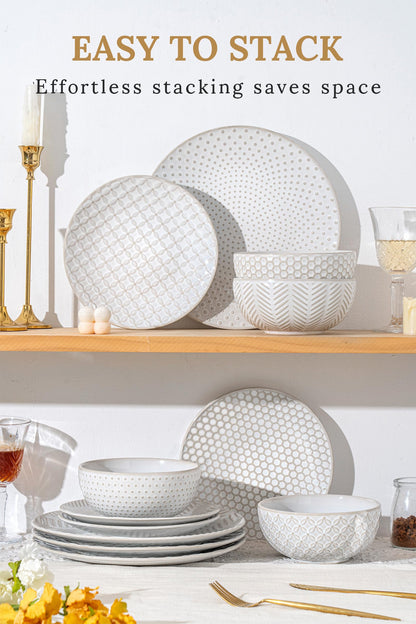 FOBENTA 12 Piece Embossed Dinnerware Sets for 4, Elegant Plates and Bowls Sets, Microwave & Dishwasher Safe, Stoneware for Stylish Home Dining–Perfect Housewarming Gift for Busy Families & Hostesses