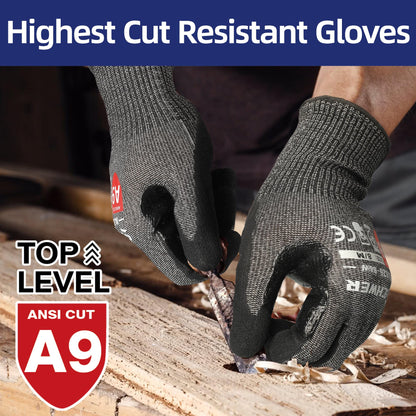 Schwer ProGuard High Level Cut Resistant Work Gloves PR3326 for Extreme Protection，ANSI A9 Cut Gloves with Reinforced Thumb, Non Slip, Breathable, Durable, Touch-screen, Black 1 Pair（L）