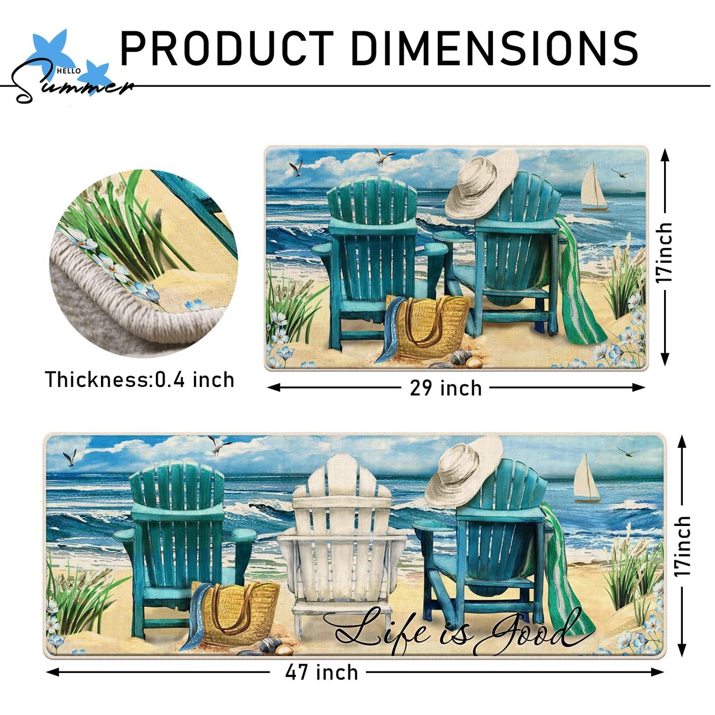 Tailus Summer Blue Sea Chairs Beach Decorative Kitchen Rugs Set of 2, Ocean Seagull Sailboat Kitchen Mat Coastal Non-Slip Floor Mat, Nautical Home Kitchen Decorations 17x29 and 17x47 Inch
