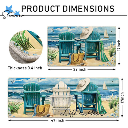 Tailus Summer Blue Sea Chairs Beach Decorative Kitchen Rugs Set of 2, Ocean Seagull Sailboat Kitchen Mat Coastal Non-Slip Floor Mat, Nautical Home Kitchen Decorations 17x29 and 17x47 Inch
