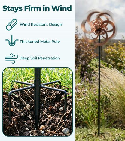 Gronhof 63" Metal Wind Spinner Outdoor, Double-Sided Kinetic Yard Spinner, Smooth Spinning Garden Decor, Stable 5-Prong Stake, Copper Yard Art for Lawn & Patio