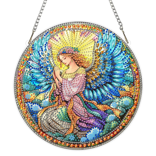 KEYIFA Angel Diamond Art Hanging Kits with Chain, Special Shaped Drill Diamond Painting Pendant, Colorful Crystal Gem Art Pendant 5D Window Crafts for Wall Garden Door Decor, Width 7.9inch